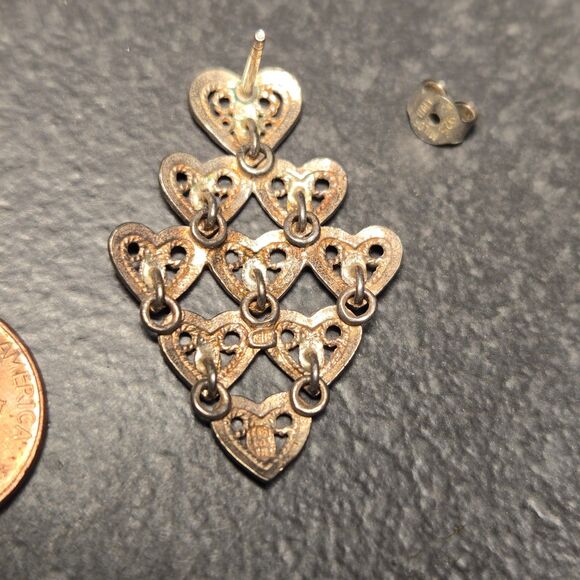 Dangly Stud hearts Sterling Silver Earrings - Picture 4 of 5